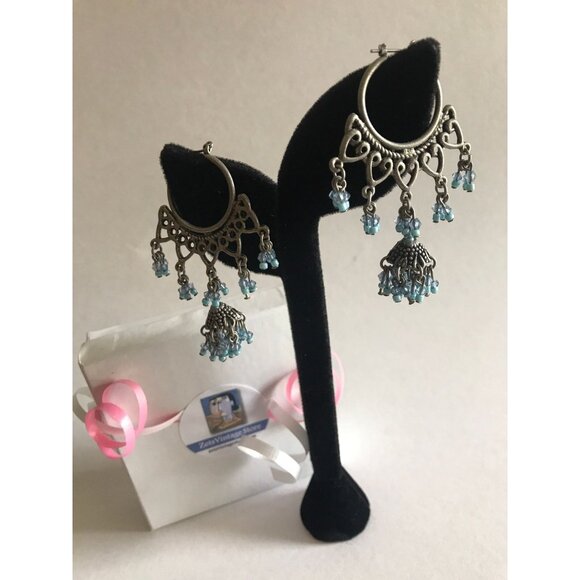 Vintage Circle Heart Mini Blue Beads Pierced Wire Chandelier Dangle Earrings - Picture 1 of 8